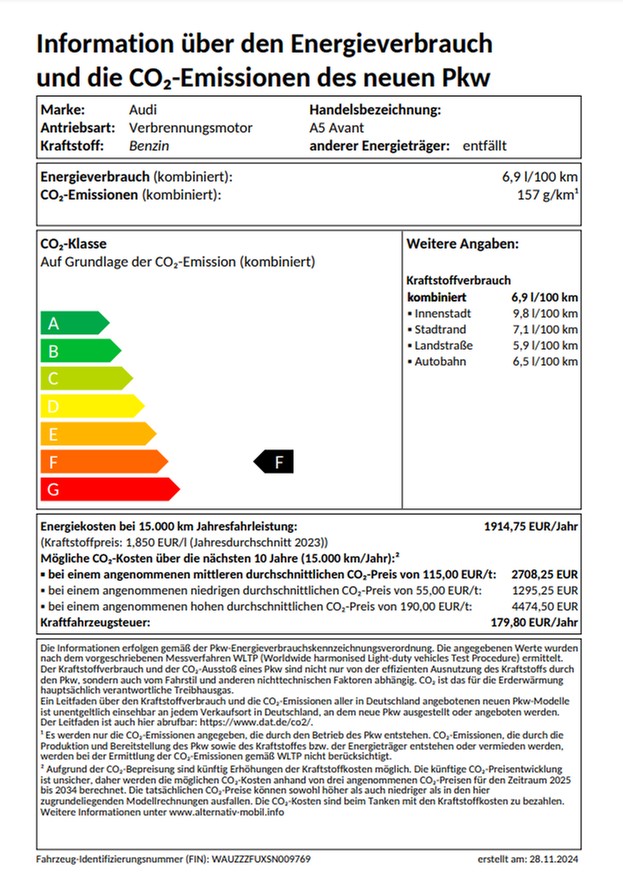 A5 Avant TFSI 110 kW S tronic UPE 58740 MMI experience pro, Interieur S line, Exterieurpaket schwarz