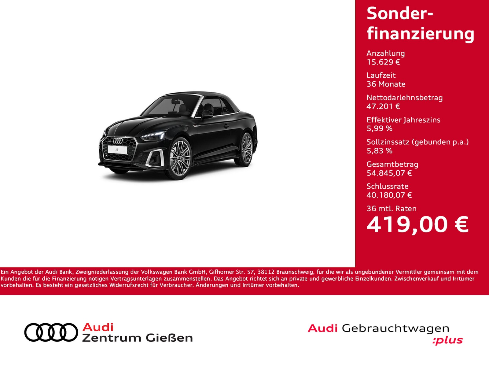 A5 Cabrio 45 TFSI quattro S line B&O AHK HuD 360°Kamer...